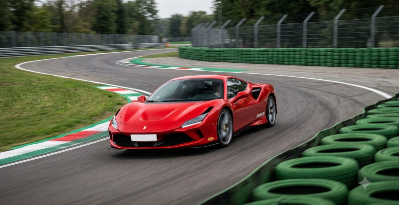 Fahrer im Cockpit des Ferrari F8 Tributo kurz vor dem Beschleunigen auf der Rennstrecke Pavia